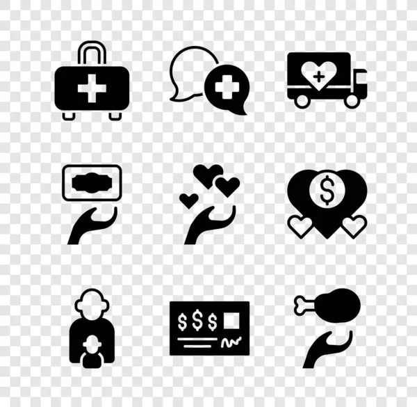 Set First aid kit, Dialogue with doctor, Humanitarian truck, Taking care of children, Bank check, Donation food, and charity and Heart hand icon. Vector — Stock Vector