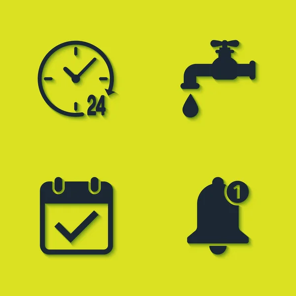 Állítsa be óra 24 óra, Bell, Naptár jelöléssel és vízcsapoló ikon. Vektor — Stock Vector