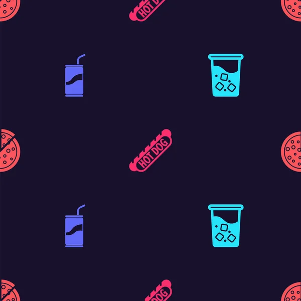 Set de vidrio con agua, soda puede beber paja, sándwich Hotdog y pizza en el patrón sin costuras. Vector — Vector de stock