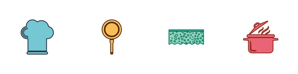 Set Chef hat, Frying pan, Sponge with bubble and Cooking pot icon. Vector — 스톡 벡터