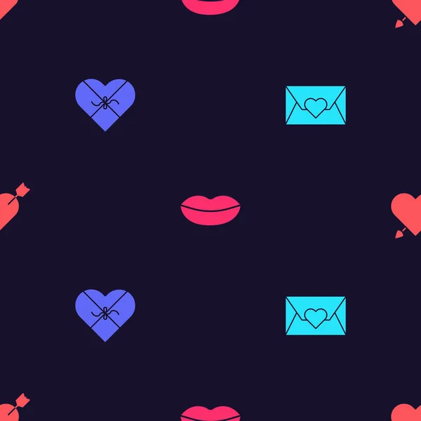 Set sobre con corazón de San Valentín, caja en forma de caramelo, labios sonrientes y flecha Amour en patrón sin costuras. Vector — Archivo Imágenes Vectoriales