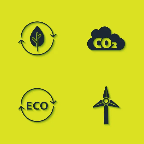 Set Recycle and leaf, Wind turbine, Label for eco healthy food and CO2 emissions cloud icon. Vector — Stock Vector