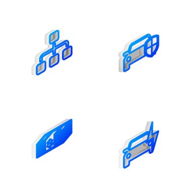 Isometric hattı araba koruması ya da sigortası, hiyerarşi organizasyon şeması, kağıt para nakit ve elektrikli araba ikonu ayarla. Vektör