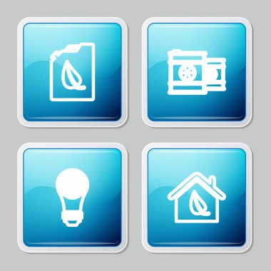 Biyolojik yakıt tüpü, varilde radyoaktif atık, dünya küresi ampulü ve çevre dostu ev ikonu. Vektör