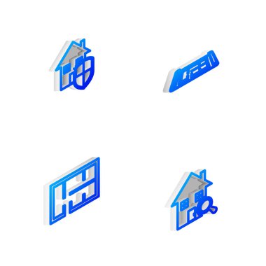 Isometric hattı ev planını, koruma altına alın ve Arama Evi simgesini. Vektör