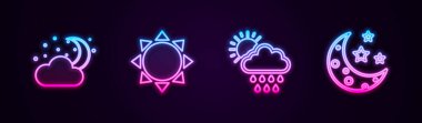 Bulut 'u ay ve yıldızlarla, Güneş' i, Güneş 'i, Ay' ı ve Güneş 'i ayarla. Parlayan neon ikonu. Vektör