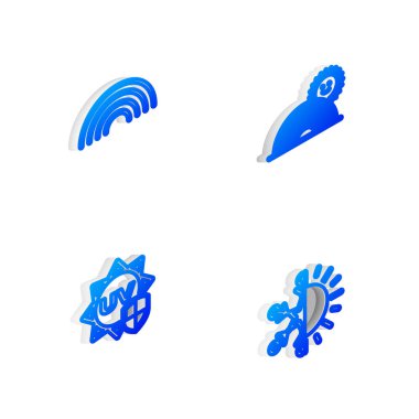 Isometric hattını güneşe, ultraviyole ışınlara, güneşe ve kar tanesi ikonuna ayarlayın. Vektör