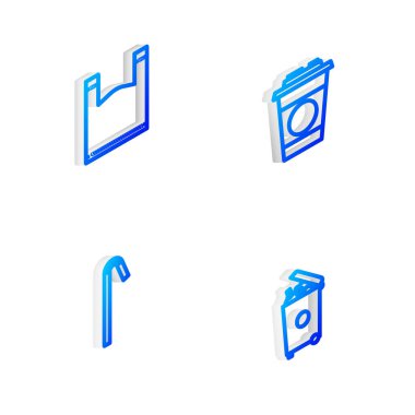 Isometric çizgi kağıt cam, plastik torba, plastik pipet ve çöp kutusu ikonu. Vektör