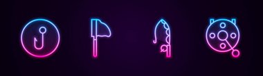 Olta oltası, balık ağı, olta ve olta makarası. Parlayan neon ikonu. Vektör