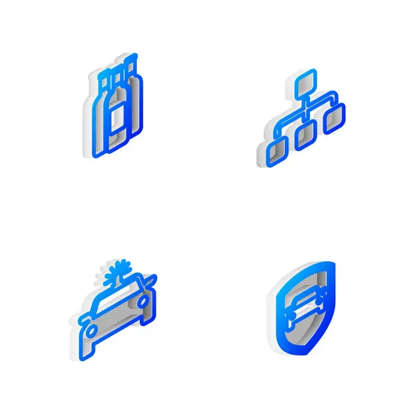 Zestaw Isometric line Hierarchia wykres organogram, Butelki wina, Samochód policyjny i ekshibicjonista i ikona ubezpieczenia samochodu. Wektor — Wektor stockowy