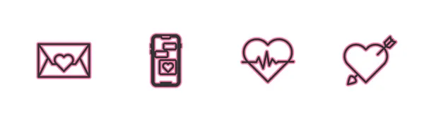 Imposta la linea Busta con il cuore di San Valentino, la frequenza cardiaca, Mobile e Amour e l'icona freccia. Vettore — Vettoriale Stock