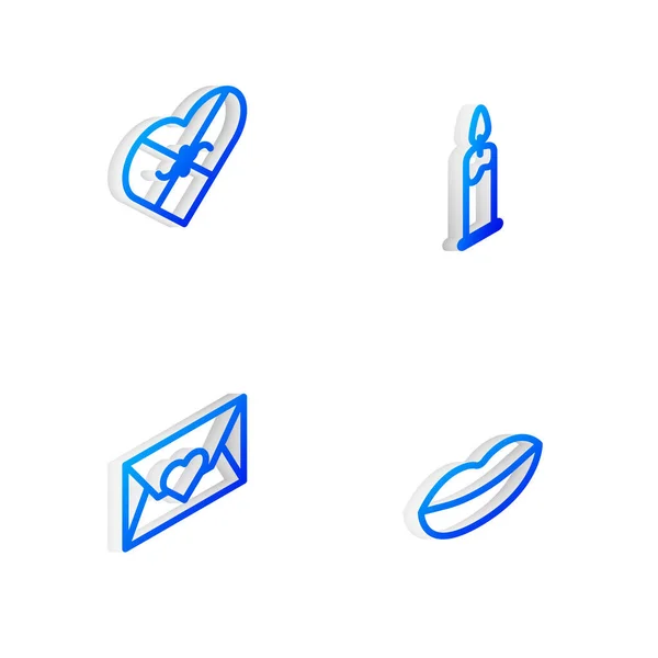 Set Isometrische Linie Brennende Kerze, Herzschachtel, Briefumschlag mit Valentinstag und Lächeln Lippen-Symbol. Vektor — Stockvektor