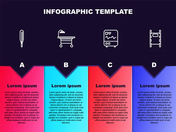 Набор линии Медицинский термометр, операционный стол, монитор с кардиограммой и Носилки. Бизнес-инфографический шаблон. Вектор — стоковый вектор
