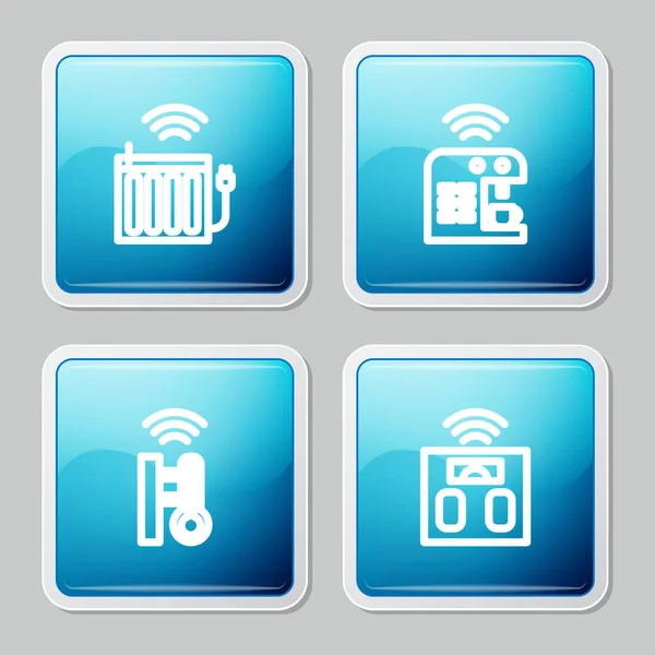 Ligne de consigne Radiateur de chauffage intelligent, machine à café, thermomètre et balance de salle de bains icône. Vecteur — Image vectorielle