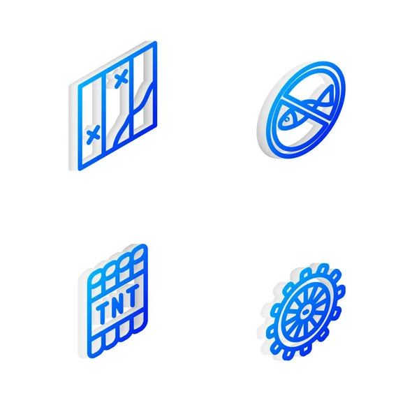 Establecer línea isométrica Sin pesca, Mapa plegado, Detonar dinamita bomba palo y el icono del volante de la nave. Vector — Archivo Imágenes Vectoriales