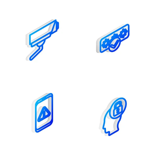 Defina a linha isométrica Proteção por senha, Câmera de segurança, Móvel com ponto de exclamação e ícone de bloqueio de cabeça humana. Vetor —  Vetores de Stock