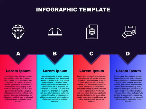 Linienschild mit Weltkugel, Arbeitshelm, Vertragsschild und Lieferversicherung. Geschäftsinfografische Vorlage. Vektor — Stockvektor