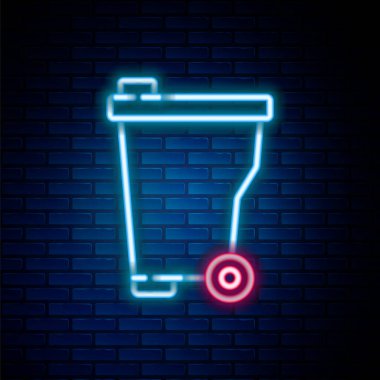 Parlayan neon hattı çöp kutusu simgesi tuğla duvar arka planında izole edildi. Çöp kutusu tabelası. Sepet simgesini geri dönüştür. Ofis çöpü ikonu. Renkli taslak konsepti. Vektör