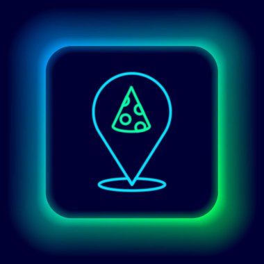 Parlayan neon hattı pizza dilimi siyah arka planda izole edildi. Fast food menüsü. Renkli taslak konsepti. Vektör