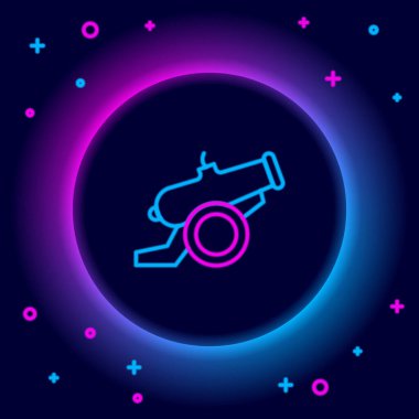 Parlayan neon hattı Cannon simgesi siyah arkaplanda izole edildi. Renkli taslak konsepti. Vektör