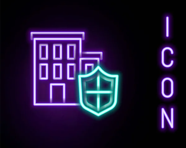 Leuchtende Neon Line House mit Schild-Symbol isoliert auf schwarzem Hintergrund. Versicherungskonzept. Sicherheit, Sicherheit, Schutz, Schutzkonzept. Buntes Rahmenkonzept. Vektor — Stockvektor