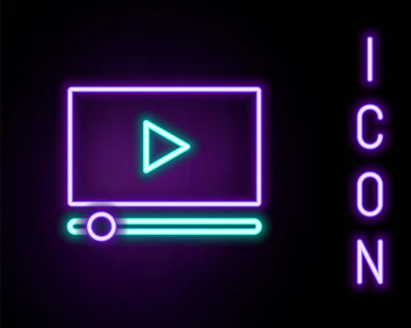 Gloeiende neon lijn Online play video icoon geïsoleerd op zwarte achtergrond. Filmstrip met speelbord. Kleurrijk concept. Vector — Stockvector