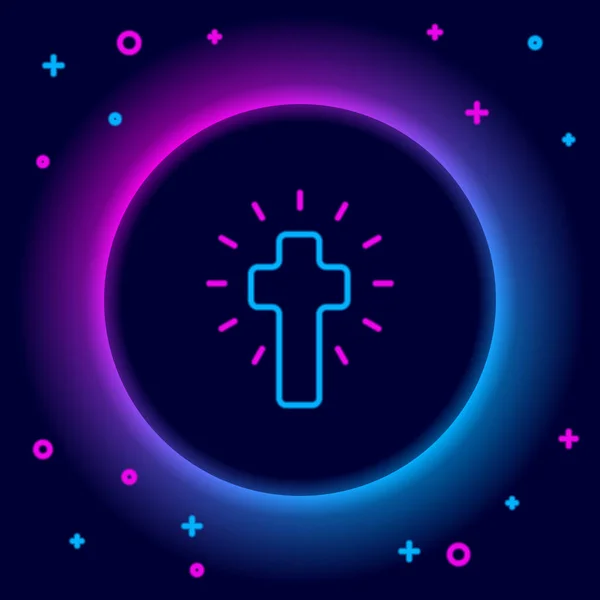 Icono de cruz cristiana de línea de neón brillante aislado sobre fondo negro. Cruz de iglesia. Concepto de esquema colorido. Vector — Vector de stock