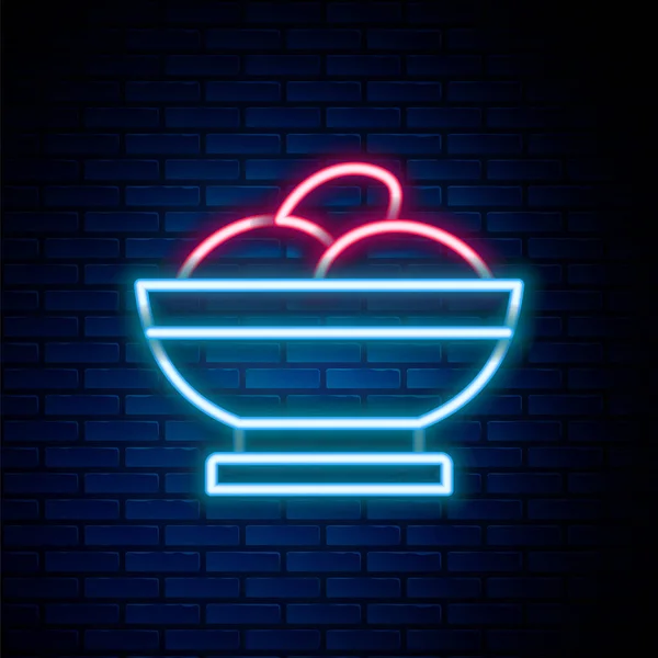 Gloeiende neon lijn Varenyky in een kom pictogram geïsoleerd op baksteen muur achtergrond. Pierogi, varenyky, knoedel, pelmeni, ravioli. Traditioneel Oekraïens eten. Kleurrijk concept. Vector — Stockvector