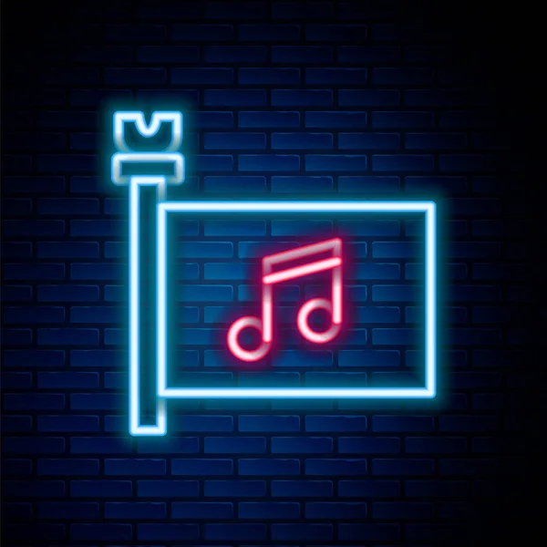Glowing neon line Music festival, access, flag, music note icon isololated on brick wall background. 화려 한 윤곽 개념. Vector — 스톡 벡터