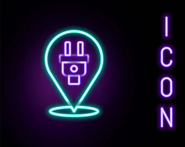 Gloeiende neon lijn Elektrische stekker pictogram geïsoleerd op zwarte achtergrond. Concept van aansluiting en ontkoppeling van de elektriciteit. Kleurrijk concept. Vector — Stockvector