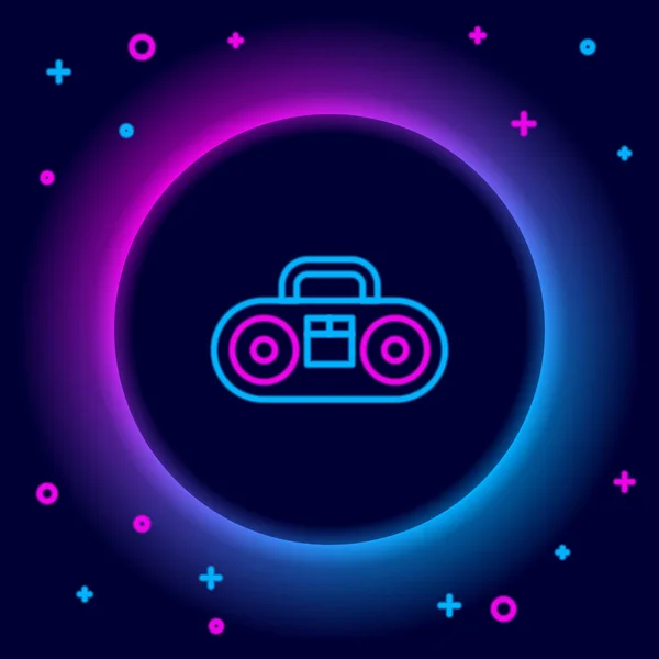 Línea de neón brillante Estéreo casero con dos altavoces icono aislado sobre fondo negro. Sistema de música. Concepto de esquema colorido. Vector — Vector de stock