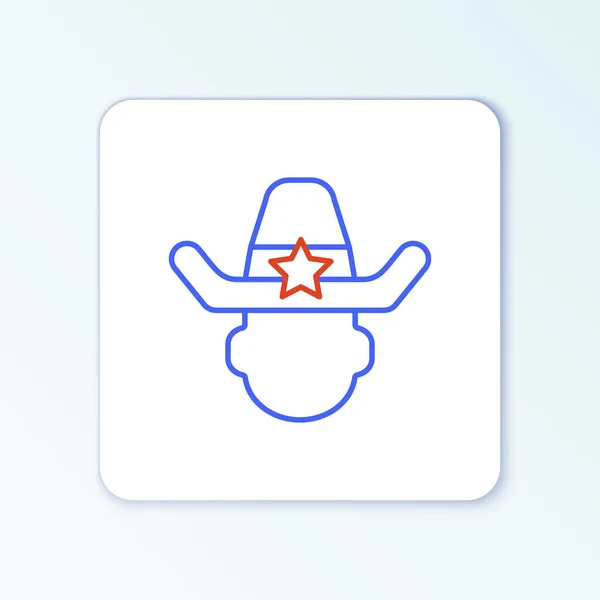 Línea Sheriff sombrero vaquero con estrella icono de la insignia aislado sobre fondo blanco. Oficial de policía. Concepto de esquema colorido. Vector — Archivo Imágenes Vectoriales