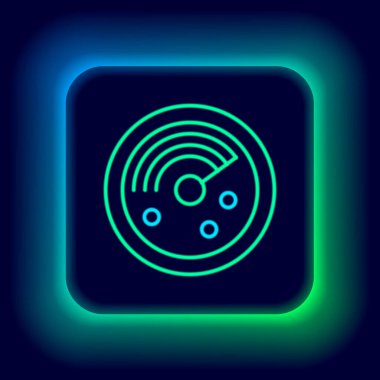 Siyah arkaplanda izole edilmiş bir simge arayışında hedefleri olan parlak neon hattı Radar. Arama sistemi. Donanma sonarı. Renkli taslak konsepti. Vektör