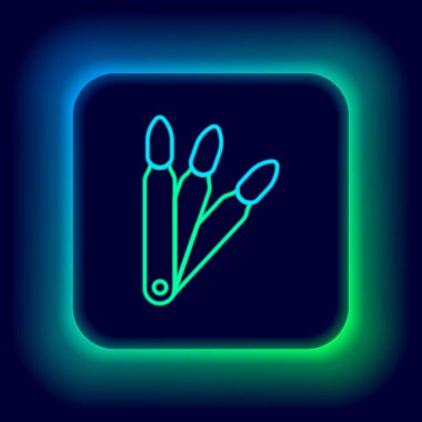 Siyah arkaplanda izole edilmiş manikür ikonu için parlayan neon çizgiler. Tırnak eklentisi için vernik renk paleti. Yapay tırnaklar. Renkli taslak konsepti. Vektör