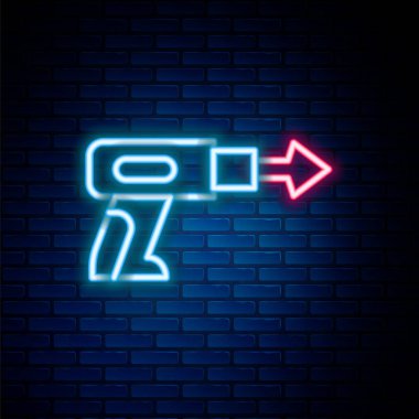 Parlayan neon hattı balıkçı zıpkını ikonu tuğla duvar arka planında izole edildi. Suyun altında balık yakalamak için balıkçılık üreticileri. Su altı ekipmanları. Renkli taslak konsepti. Vektör