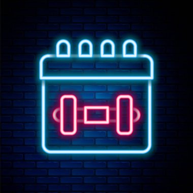 Parlayan neon hattı takvim uygunluk simgesi tuğla duvar arka planında izole edildi. Eğitim programı. Renkli taslak konsepti. Vektör