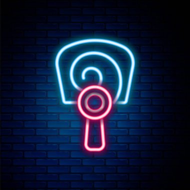 Işıldayan neon hattı Kore el vantilatörü ikonu tuğla duvar arkasında izole edildi. Renkli taslak konsepti. Vektör