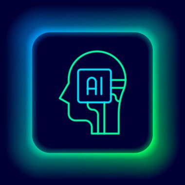 Parlayan neon hattı İnsansı robot simgesi siyah arkaplanda izole edildi. Yapay zeka, makine öğrenme, bulut hesaplama. Renkli taslak konsepti. Vektör