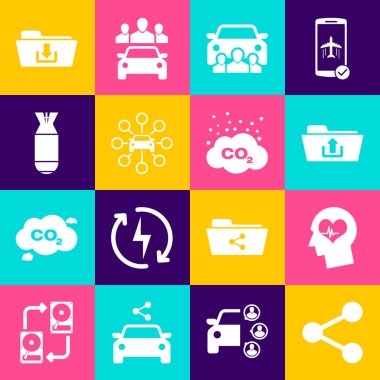 Paylaşım, Kafa kalp atışı, Dizin yüklemesi, Araba paylaşımı ve Havacılık bomba ikonu ayarla. Vektör