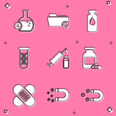 Biyomühendislik, sağlık kayıtları klasörü, tıbbi şişe, ampul, DNA araştırması, arama, şırınga ve ilaç şişesi ikonu. Vektör