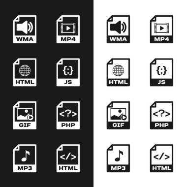 JS dosya belgesini, HTML, WMA, MP4, GIF ve PHP simgesini ayarla. Vektör