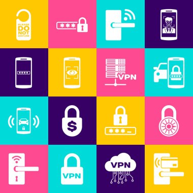 Dijital kapı kilidini kablosuz, güvenli kombinasyon tekerleği, akıllı araba güvenlik sistemi, mobil ve göz taraması ve şifre ikonu ile ayarla. Vektör