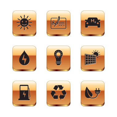 Sevimli güneşi gülümsemeyle ayarla, elektrikli araba şarj istasyonu, geri dönüşüm sembolü, güneş enerjisi paneli, su, hidrojen, tapa yaprağı ve imzalı belge ikonu. Vektör