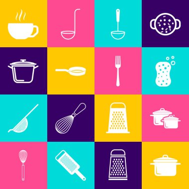 Tencereyi hazırla, köpüklü sünger, mutfak kepçesi, kızartma tavası, kahve fincanı ve çatal ikonu. Vektör