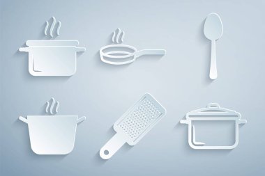 Grater, Spoon, yemek tenceresi, kızartma tavası ve ikonu hazırla. Vektör