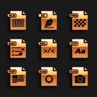 XSL dosya belgesini, RAW, OTF, PDF, M3U, PNG ve XLS simgesini ayarla. Vektör