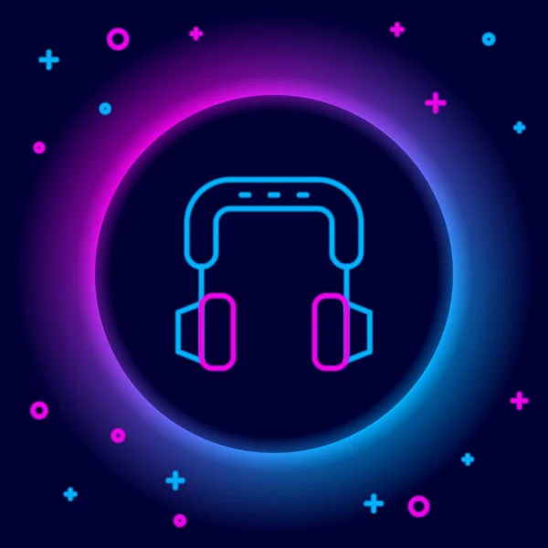 Lumineux néon ligne casque icône isolé sur fond noir. Ecouteurs. Concept d'écoute de musique, de service, de communication et d'opérateur. Concept de contour coloré. Vecteur — Image vectorielle