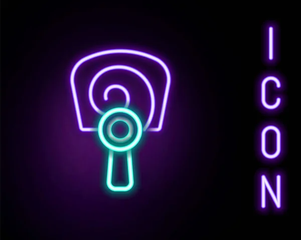 Linea neon incandescente icona del ventilatore a mano coreano isolato su sfondo nero. Concetto di contorno colorato. Vettore — Vettoriale Stock