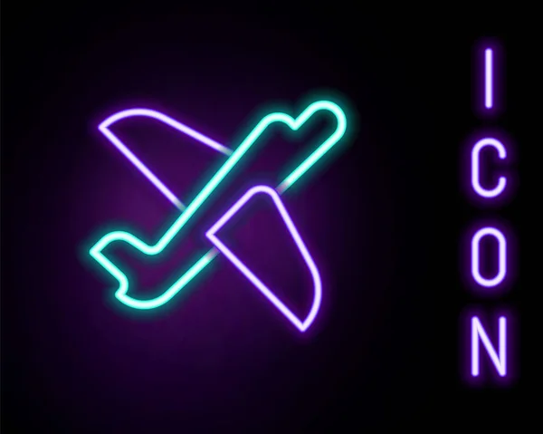 Gloeiende neon lijn Toy vliegtuig pictogram geïsoleerd op zwarte achtergrond. Vliegend vliegtuig icoon. Vliegtuigteken. Kleurrijk concept. Vector — Stockvector