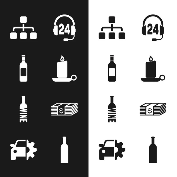 Set Brandende kaars in kandelaar, fles wijn, Hiërarchie organogram grafiek, koptelefoon voor ondersteuning, en Paper money dollars cash icoon. Vector — Stockvector